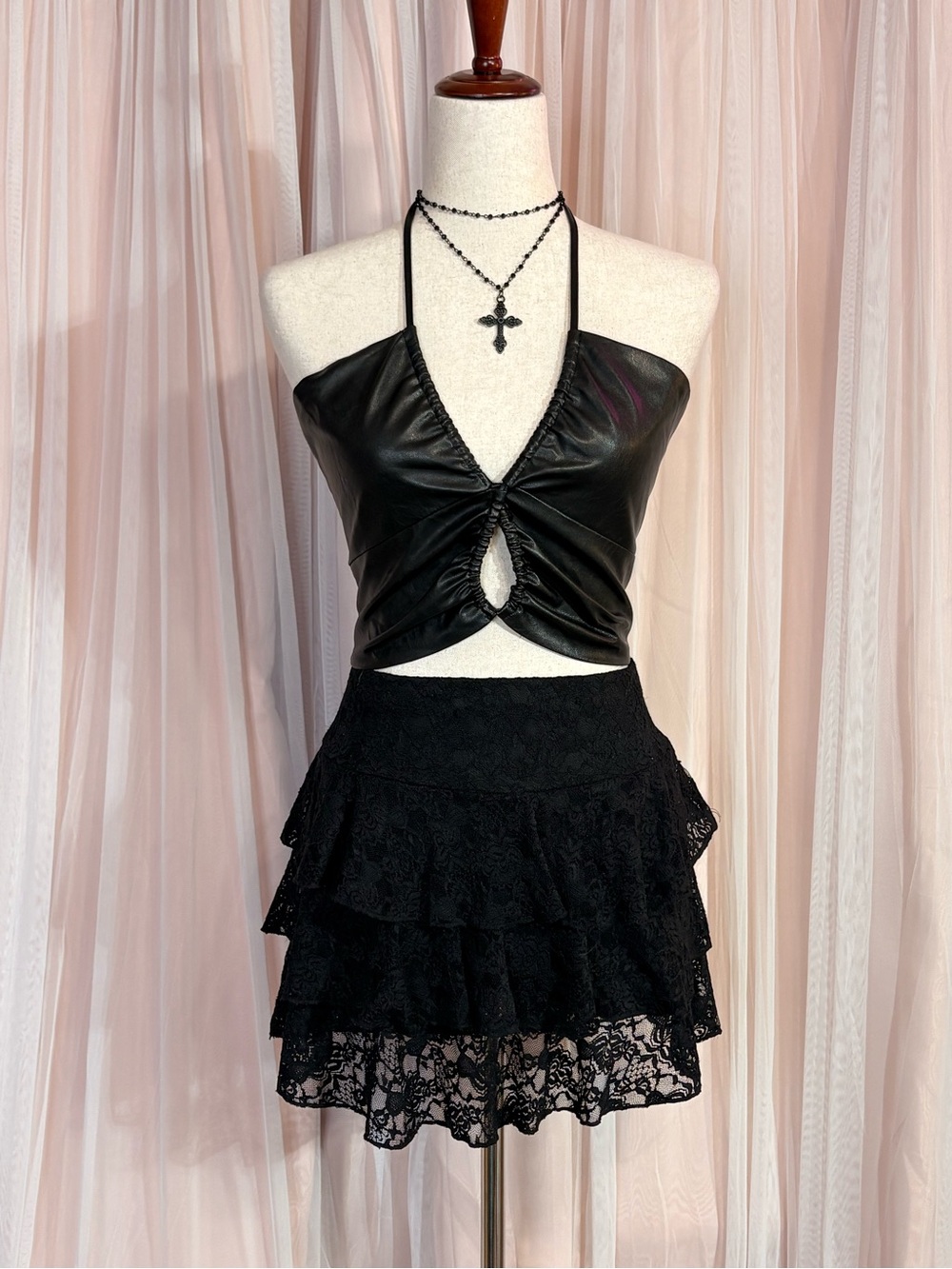 Forever 21 Black Faux Leather Cutout Halter Crop Top Ruched Vegan Leather S